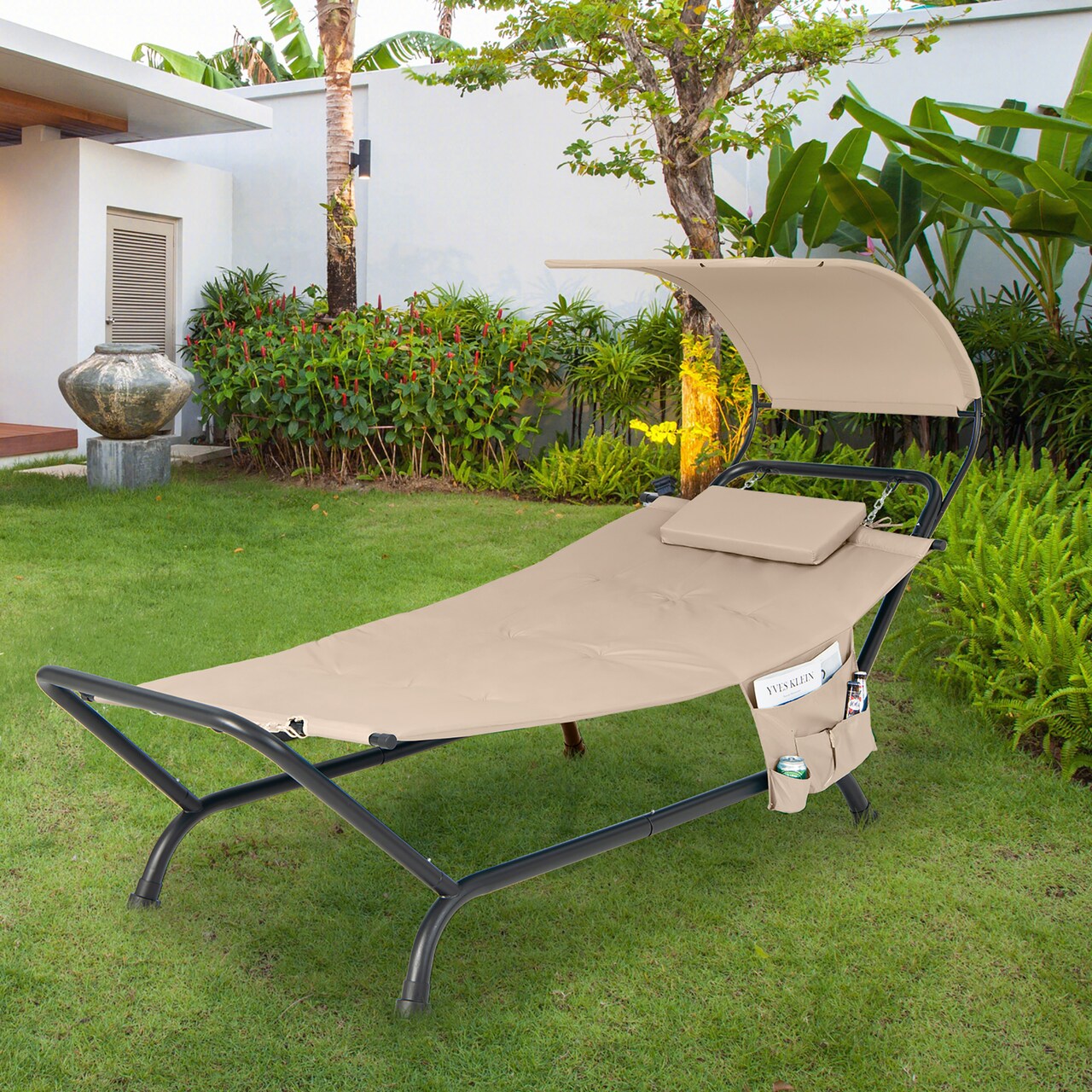 Costway Patio Hanging Chaise Lounge Chair with Canopy Cushion